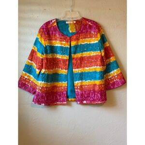 Choices Womens Quilted Jacket Multicolor Striped Open Front Cotton L